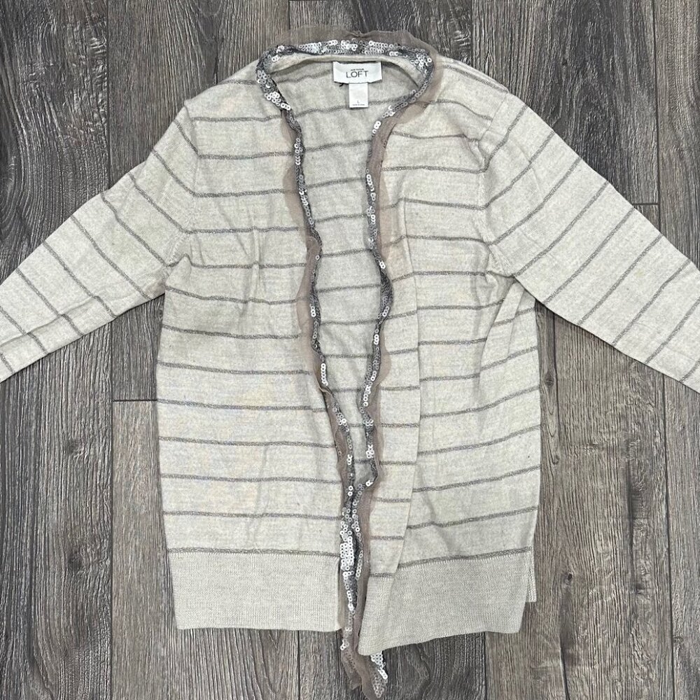 Ann Taylor LOFT Light Gray Cardigan Sweater with Sequin Trim, Size Large
